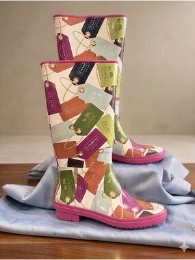 Coach Pammie Multicolor Tag-Print Rain Boots with Pink Trim